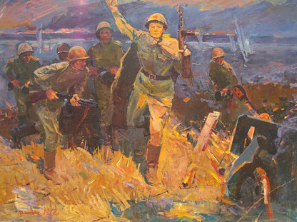 Oil painting of soldiers landing on shore, central figure raising rifle triumphantly