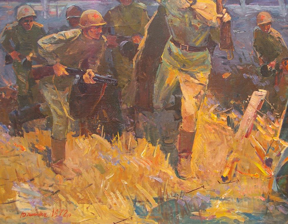 Oil painting of soldiers landing on shore in golden grass field
