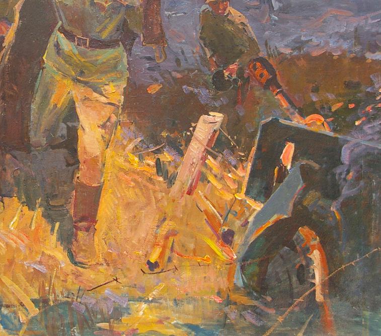 Oil painting of soldiers landing on shore in chaotic battlefield, vivid yellow orange strokes