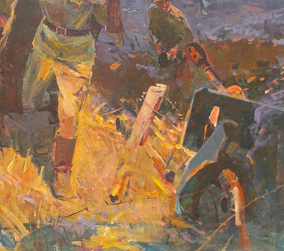 Oil painting of soldiers landing on shore in chaotic battlefield, vivid yellow orange strokes