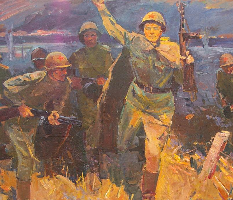 Oil painting of soldiers landing on shore, triumphant soldier with rifle
