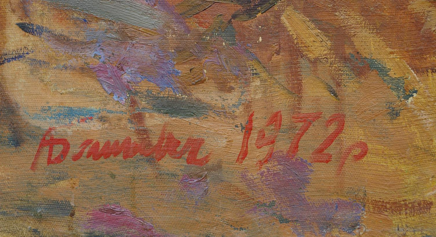 Back of oil painting The soldiers landed on the shore with red cursive h. signature and date