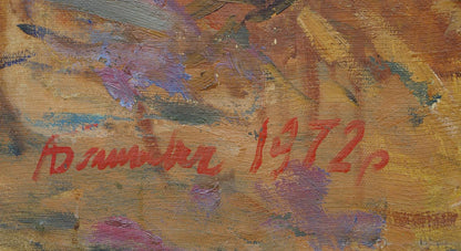 Back of oil painting The soldiers landed on the shore with red cursive h. signature and date