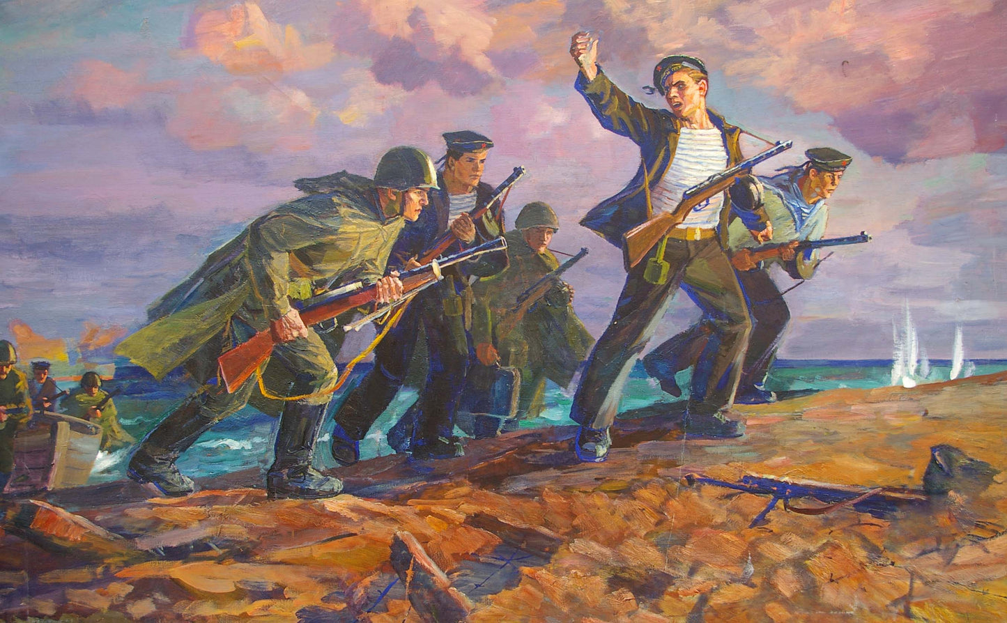 Oil painting Fight by Parhet Petr Panteleimonovich: soldiers advance on rocky shore