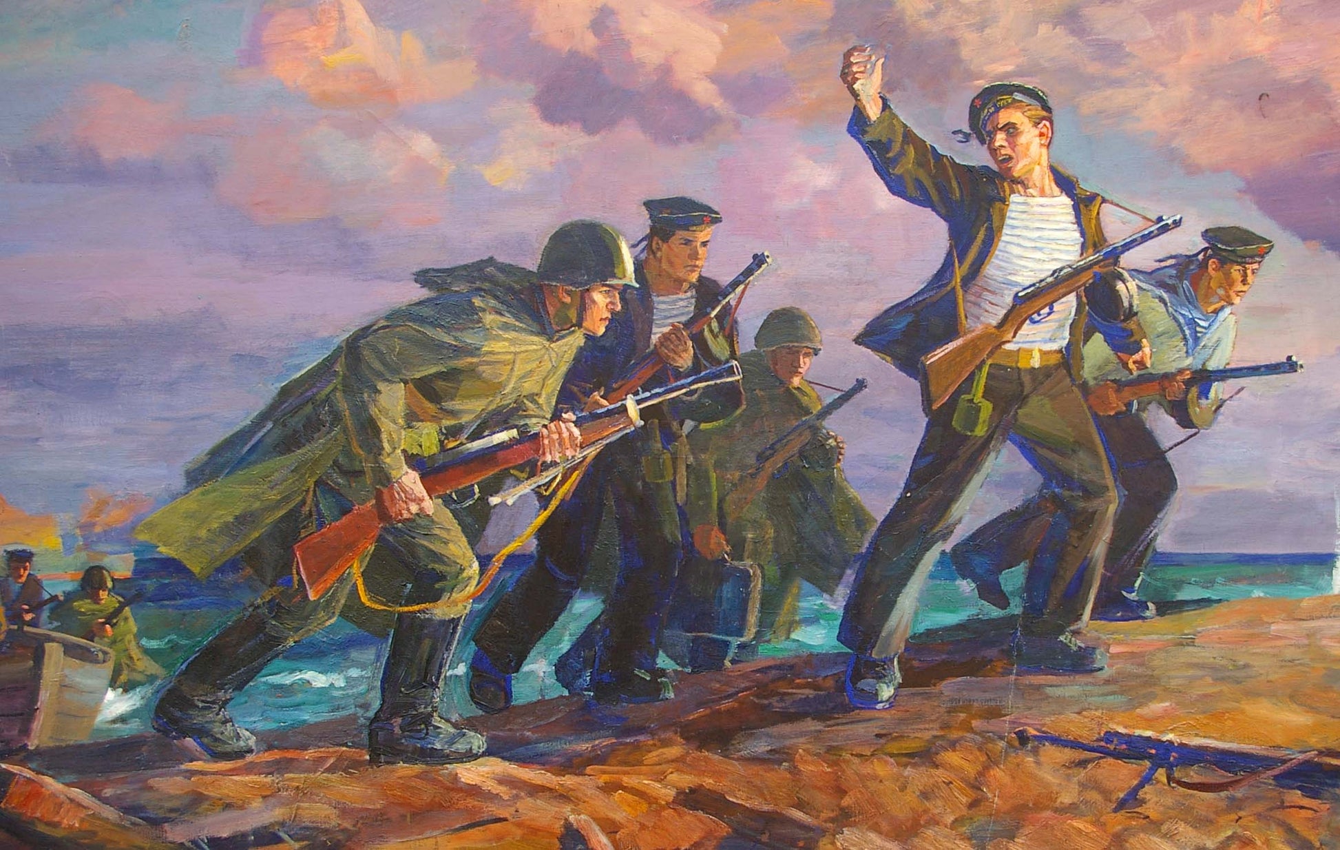 Oil painting Fight by Parhet Petr Panteleimonovich: soldiers advance on shoreline