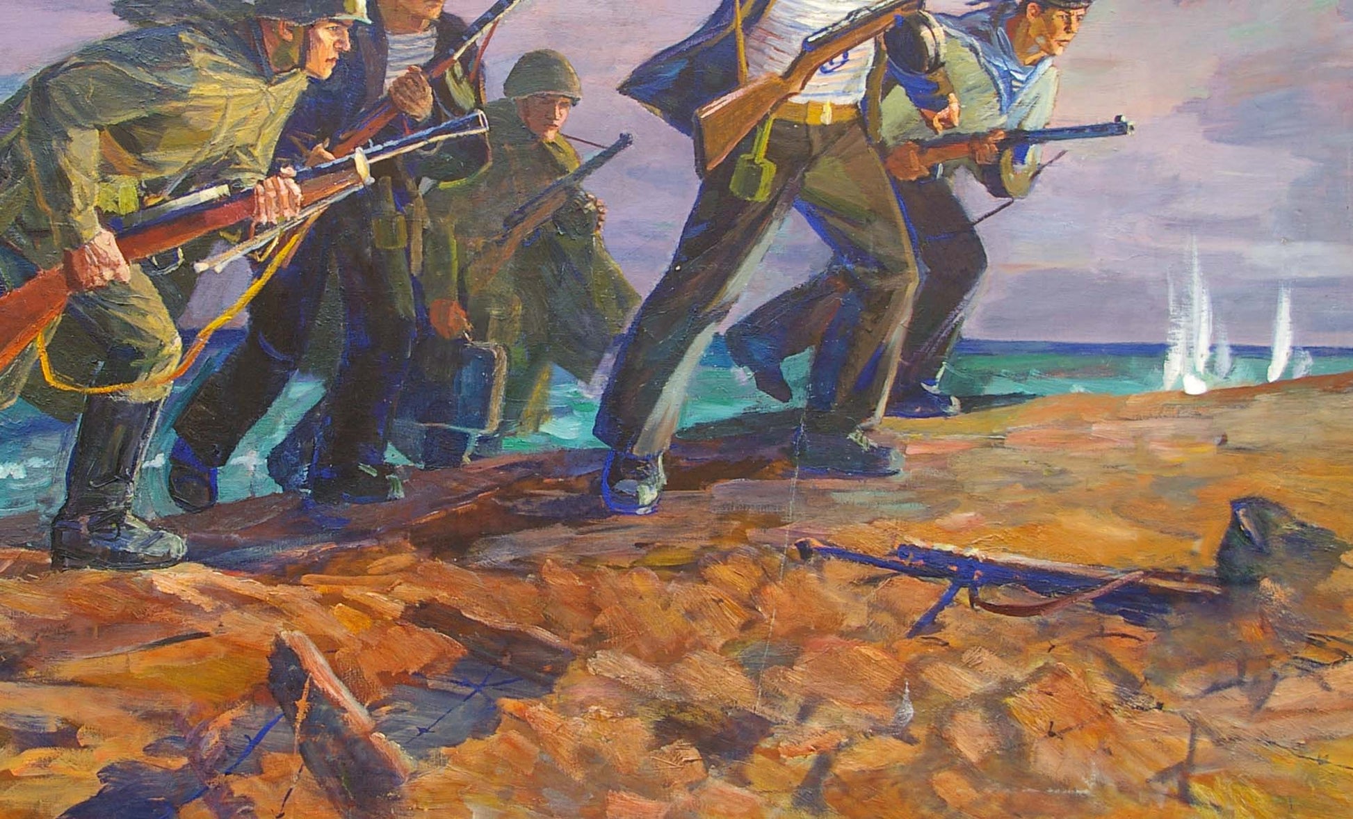 Oil painting Fight by Parhet Petr Panteleimonovich: soldiers advance on beach
