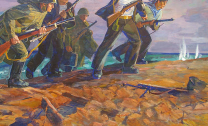 Oil painting Fight by Parhet Petr Panteleimonovich: soldiers advance on beach