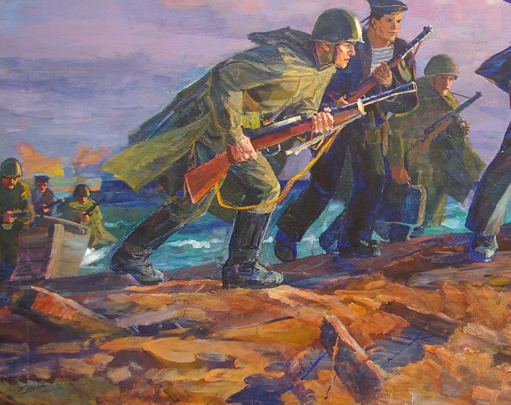 Oil painting Fight by Parhet Petr Panteleimonovich: soldiers advance on rocky shore at twilight