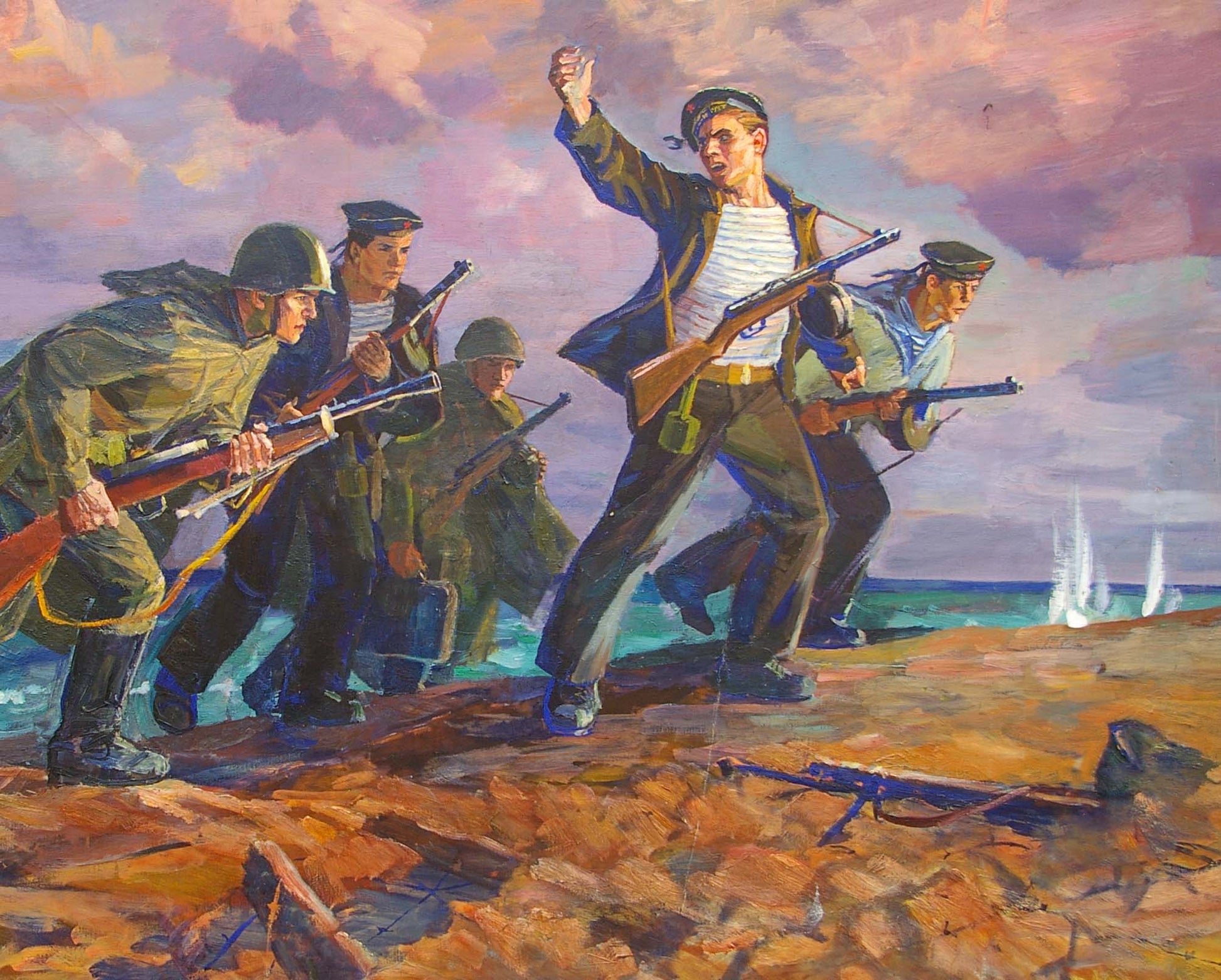 Oil painting Fight by Parhet Petr Panteleimonovich: soldiers advance on rocky beach