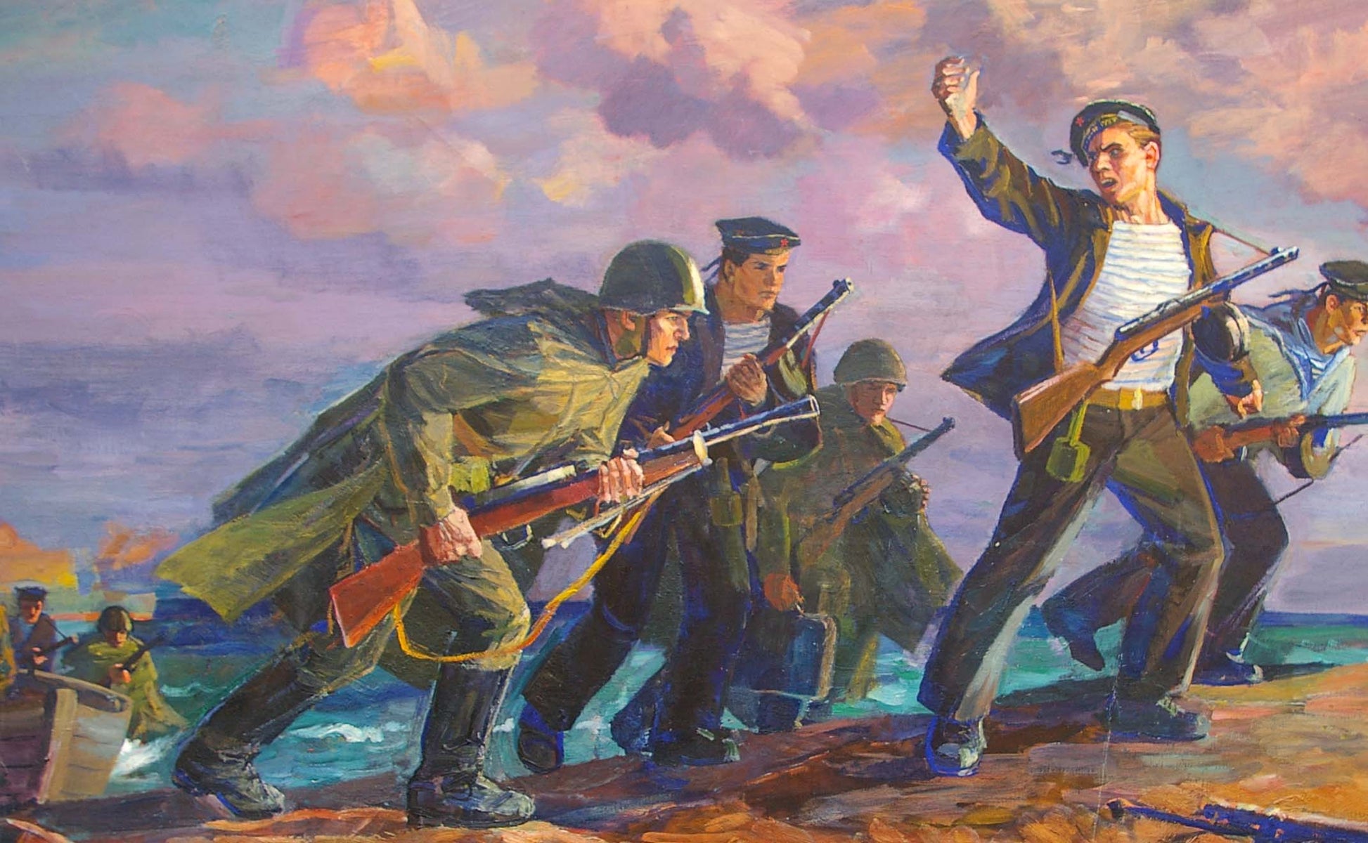 Oil painting Fight by Parhet Petr Panteleimonovich: soldiers with rifles