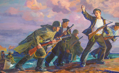 Oil painting Fight by Parhet Petr Panteleimonovich: soldiers with rifles