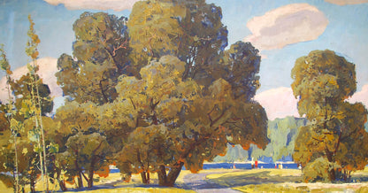 Vibrant impressionist oil painting of golden-green forest park by Khitrova Tamara Alexandrovna