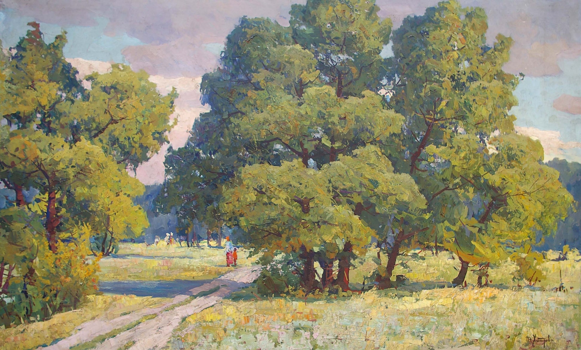 Vibrant impressionist oil painting by Khitrova Tamara Alexandrovna: winding path in lush green trees