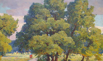 Vibrant impressionist oil painting by Khitrova Tamara Alexandrovna, lush green trees under cloudy sky