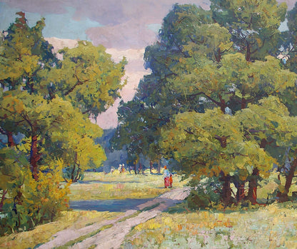 Oil painting by Khitrova Tamara Alexandrovna: lush green yellow trees line winding dirt path under cloudy sky