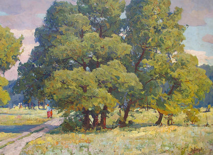 Vibrant impressionist oil painting of lush green trees by Khitrova Tamara Alexandrovna