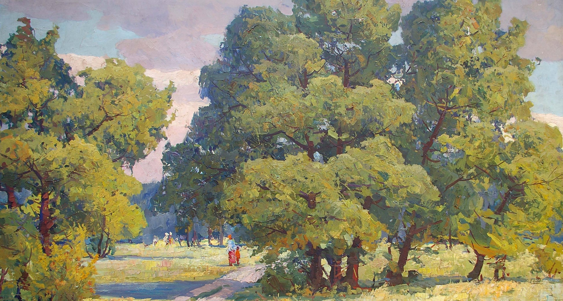 Vibrant impressionist oil painting by Khitrova Tamara Alexandrovna, lush green trees in dappled sunlight