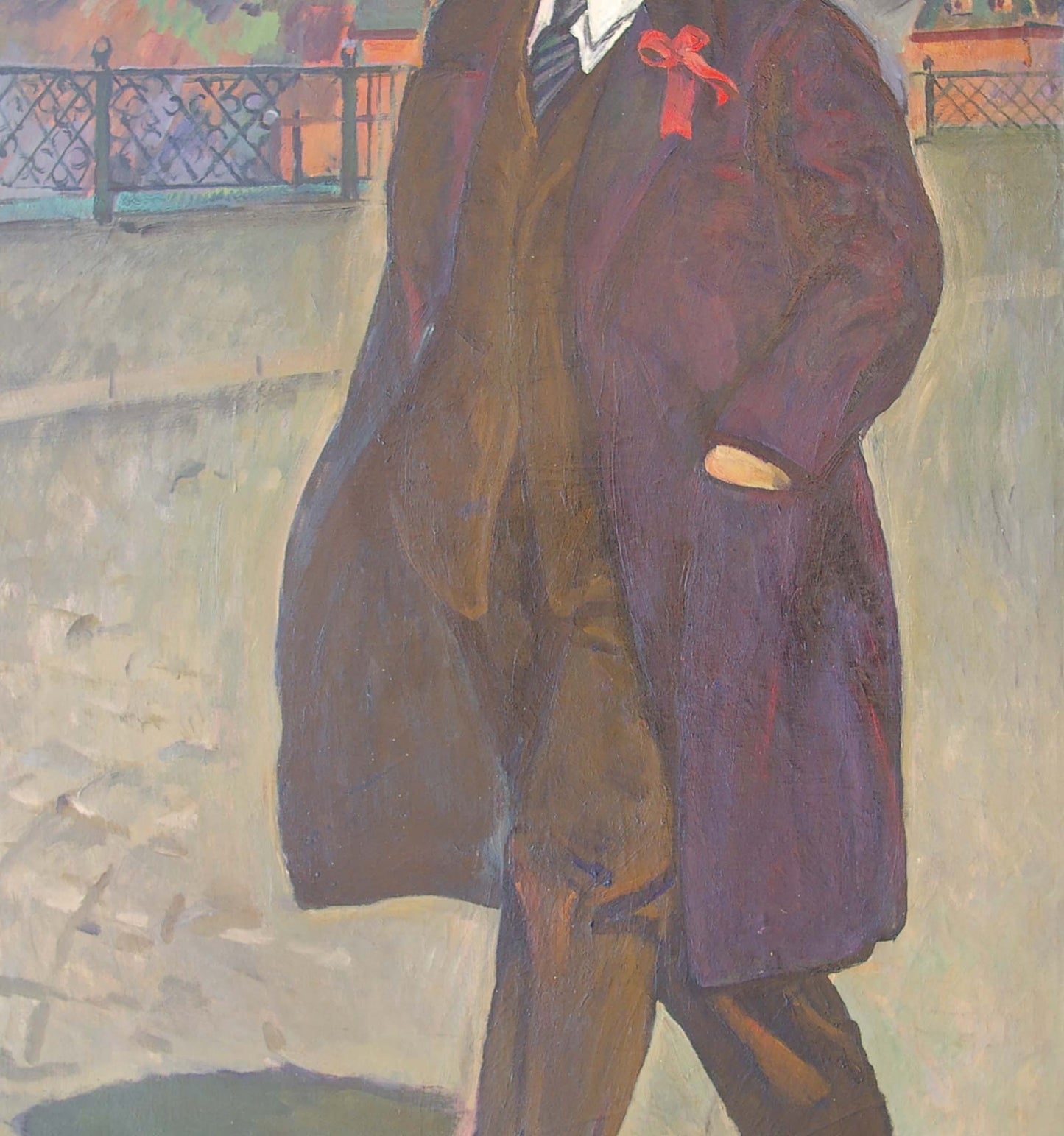 Oil painting portrait of Lenin in dark purple overcoat by Tokarev
