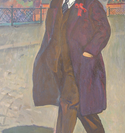 Oil painting portrait of Lenin in dark purple overcoat by Tokarev