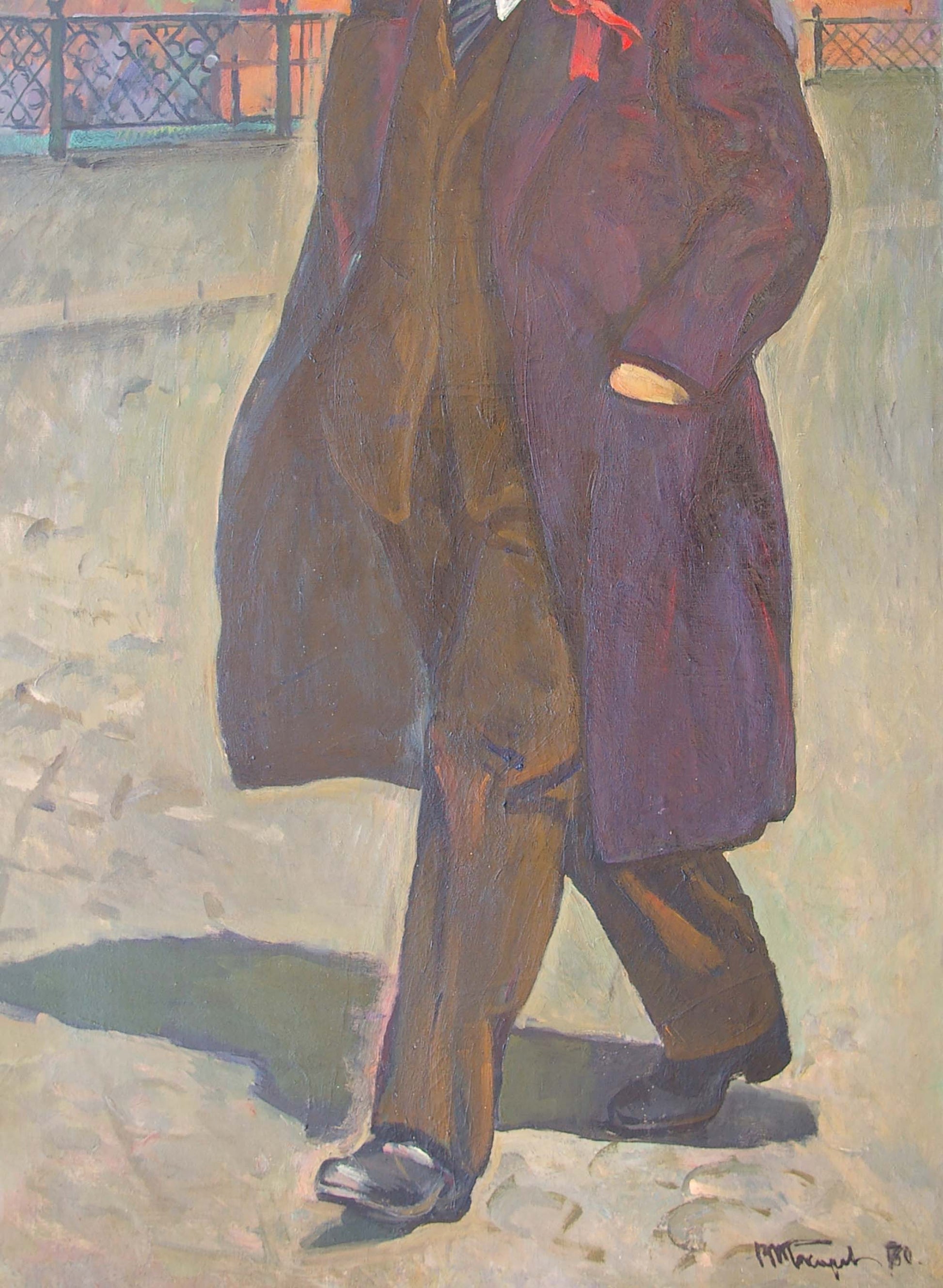 Oil painting portrait of Lenin in purple overcoat and red tie by Tokarev