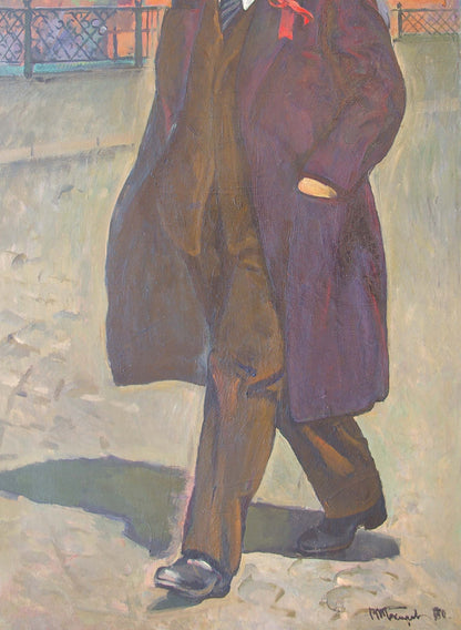 Oil painting portrait of Lenin in purple overcoat and red tie by Tokarev