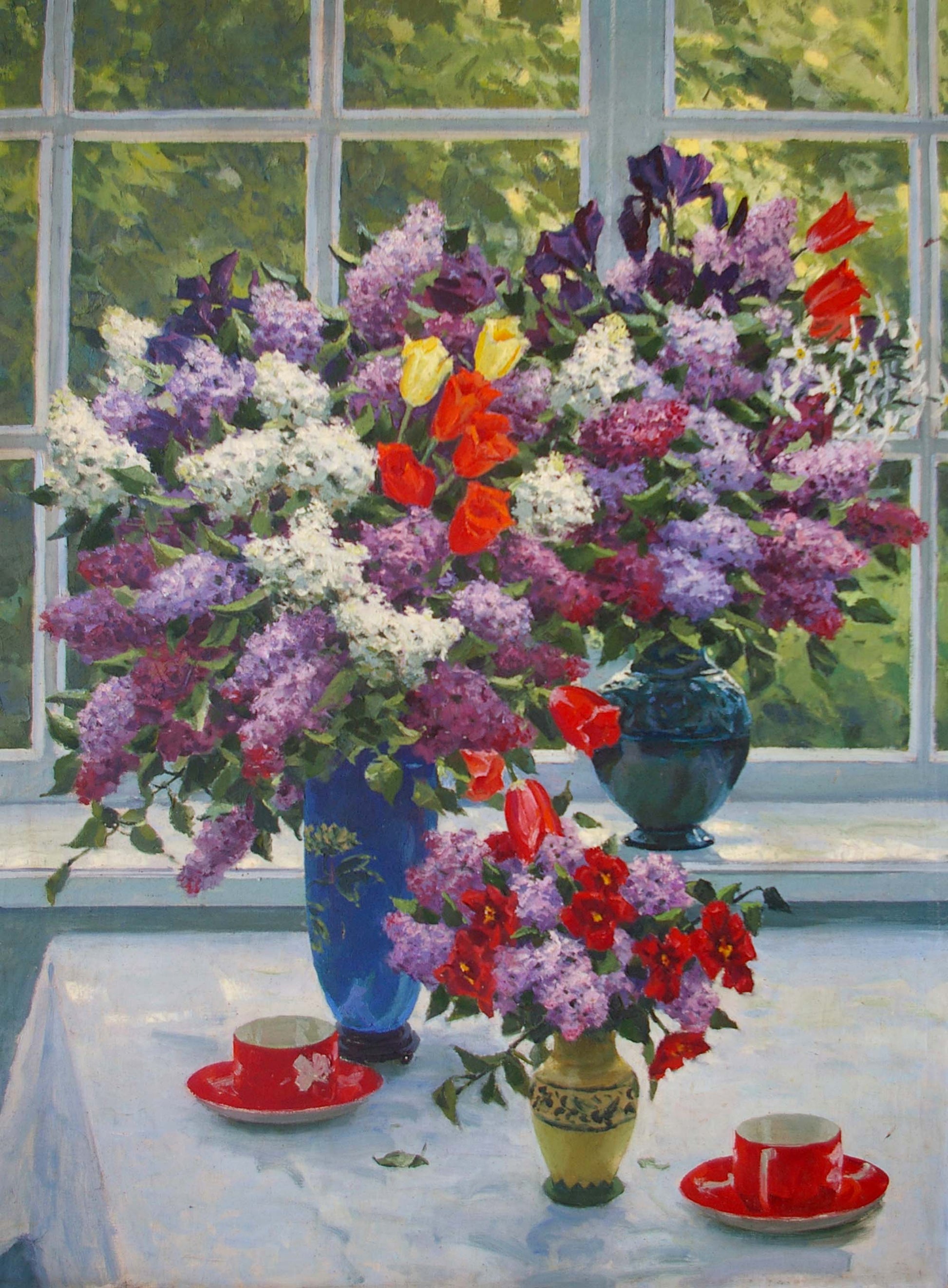 Oil painting by Lelic Dumenko Sergey Danilovich: lilacs and tulips in blue vase
