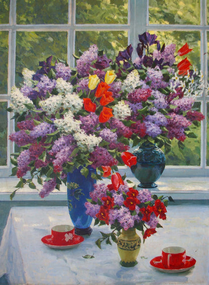 Oil painting by Lelic Dumenko Sergey Danilovich: lilacs and tulips in blue vase