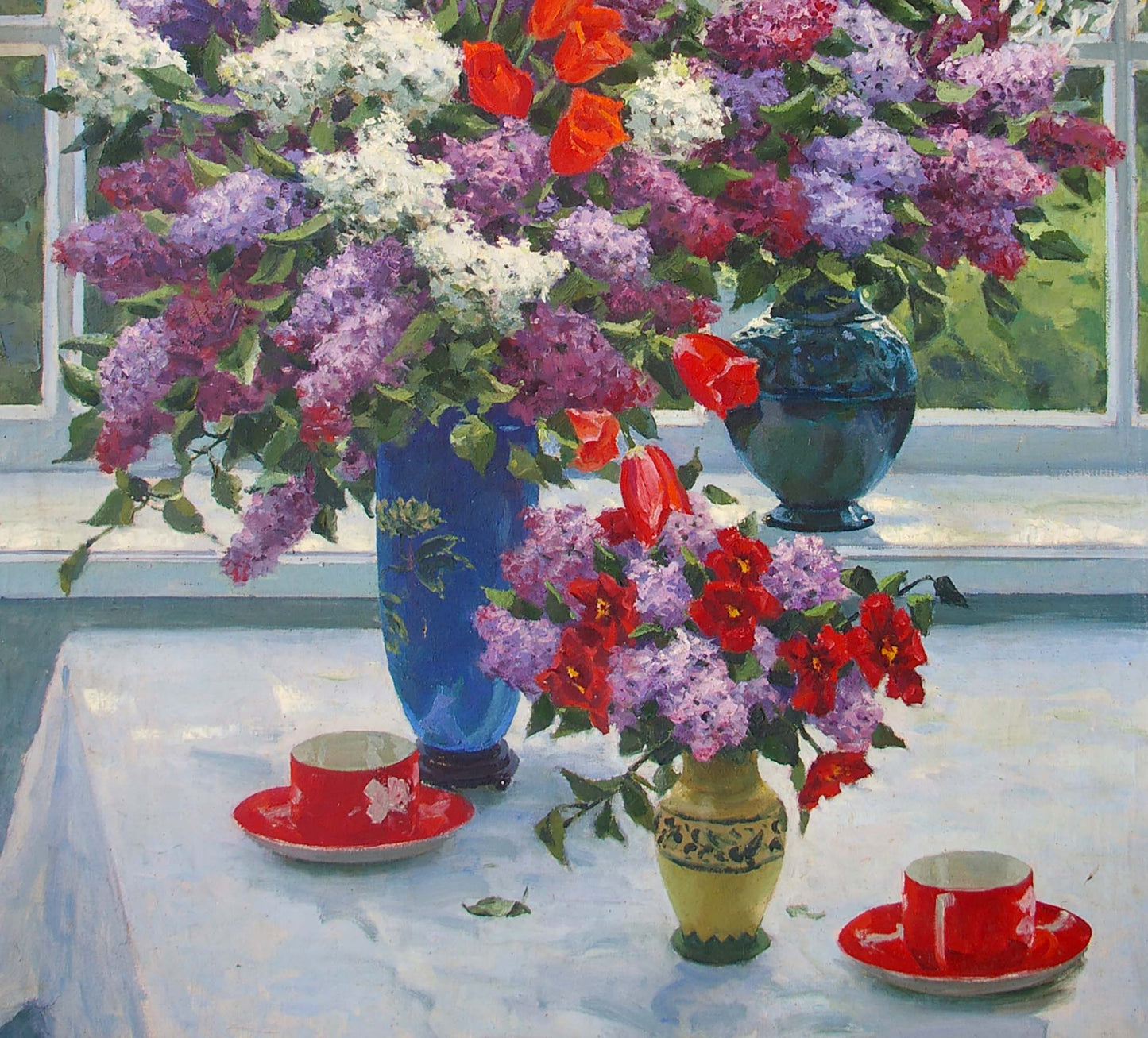 Oil painting by Lelic Dumenko Sergey Danilovich: blue vase with lilacs