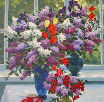Oil painting by Lelic Dumenko Sergey Danilovich of blue vase with floral bouquet