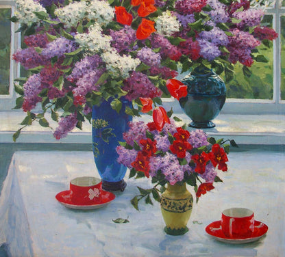 Oil painting by Lelic Dumenko Sergey Danilovich of blue vase with lilacs