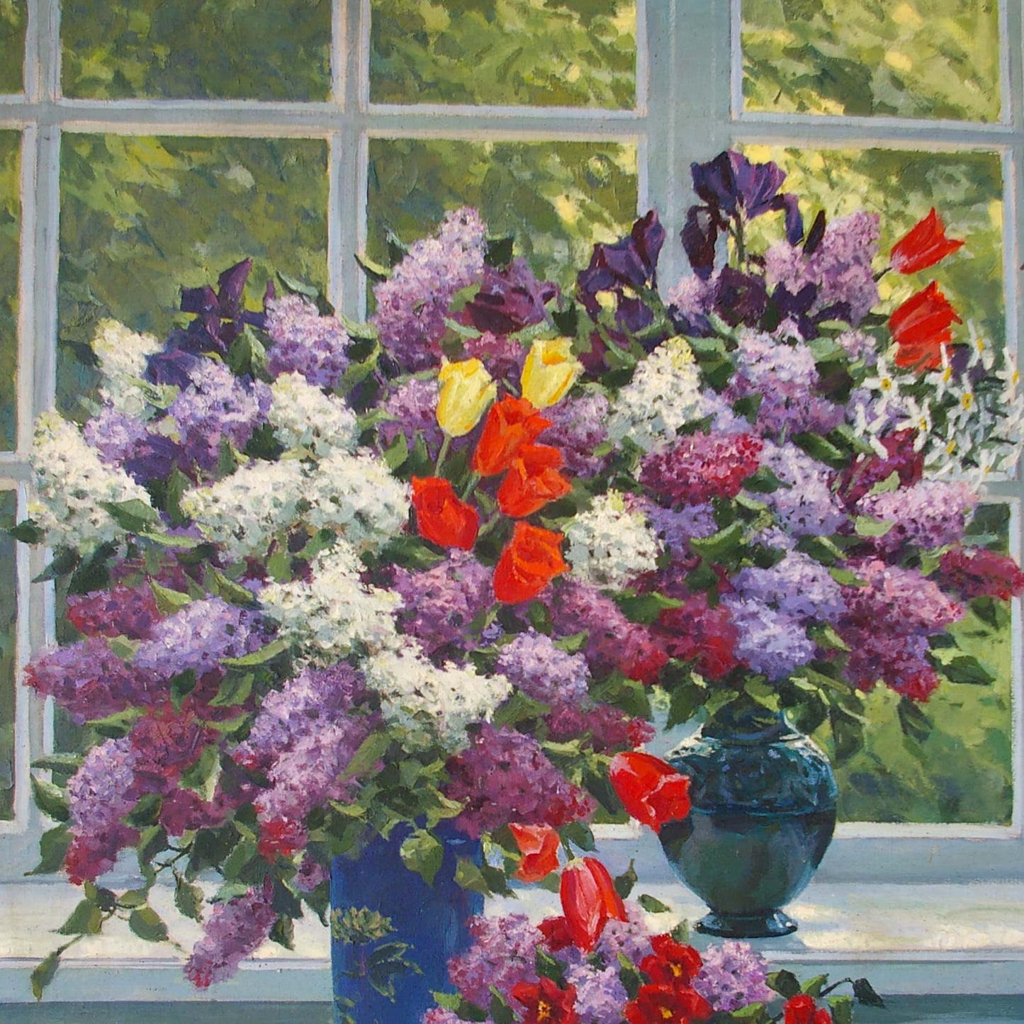 Oil painting by Lelic Dumenko Sergey Danilovich of lilacs, tulips, irises in blue vase