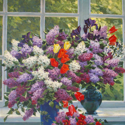 Oil painting by Lelic Dumenko Sergey Danilovich of lilacs, tulips, irises in blue vase