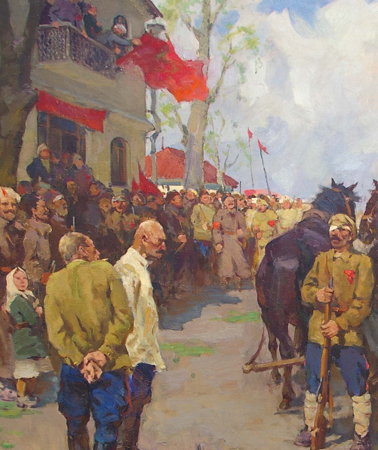 Vibrant red flag billows over independence war crowd by Guida Mikhail Evgenievich oil painting