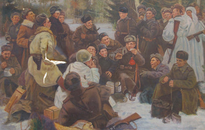 Oil painting Rest after the battle: soldier’s dark brown leather belt with silver buckle