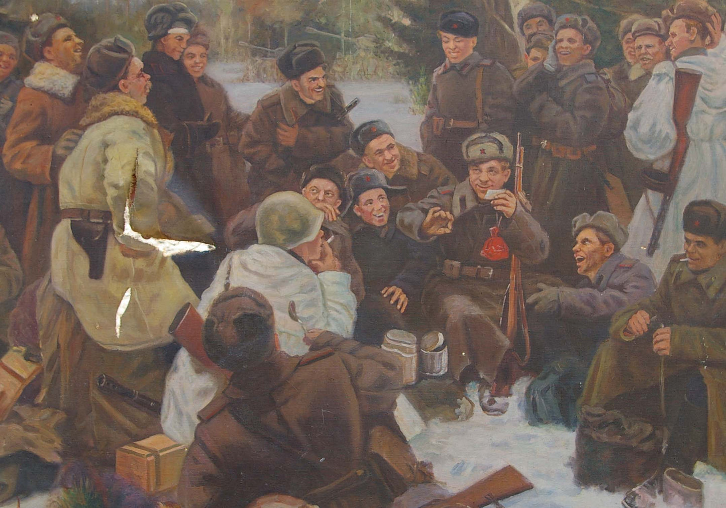Red fabric-wrapped thermos with metallic lid in Oil painting Rest after the battle artwork
