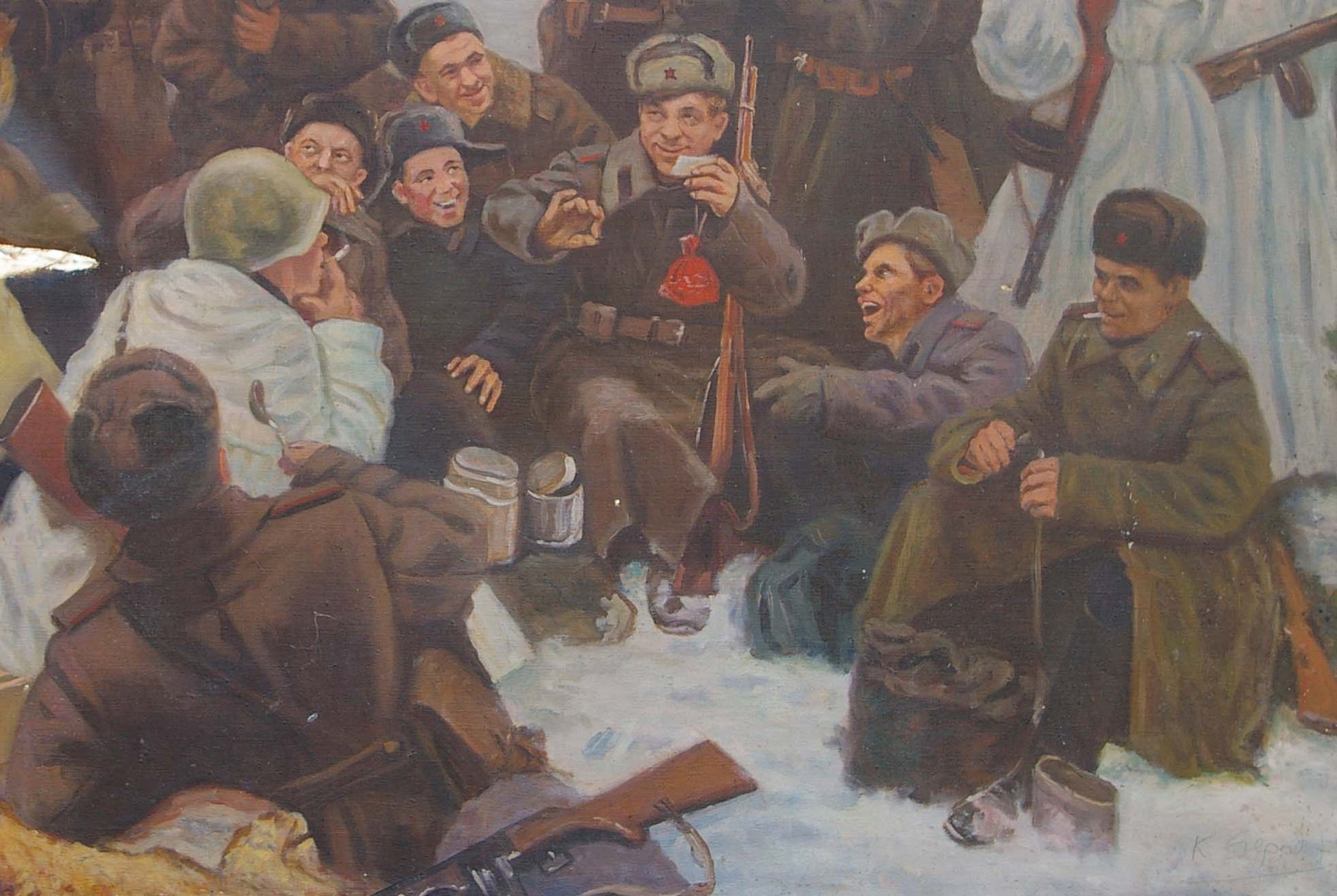 Red pouch on soldier’s belt in oil painting Rest after the battle