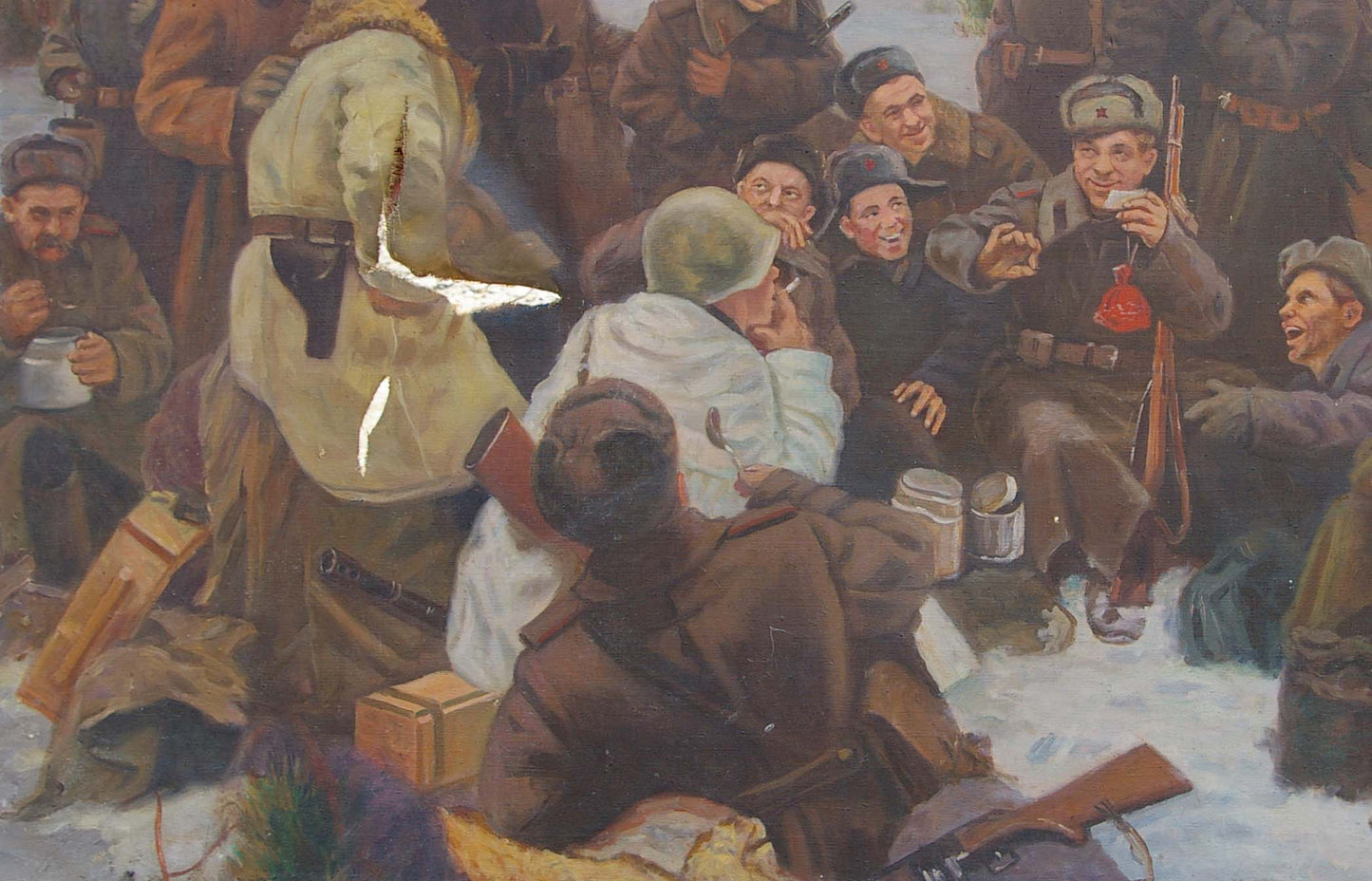 Oil painting of white feather-like object on soldiers coat back after battle