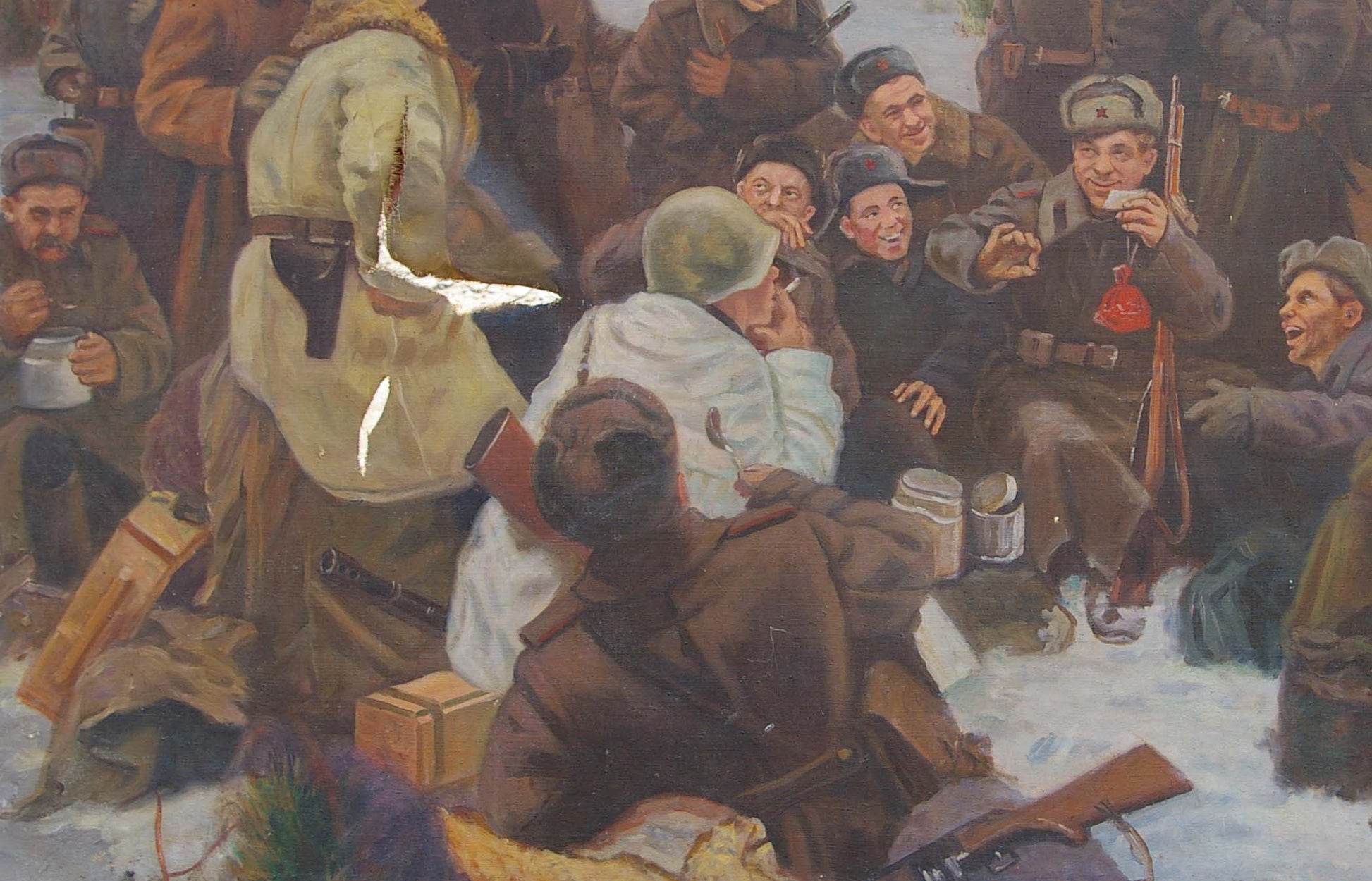 Oil painting of white feather-like object on soldiers coat back after battle