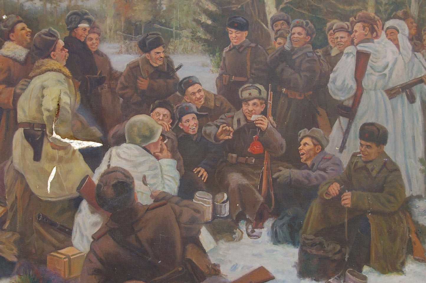 Soldier holding red enamel canteen in snowy rest after battle oil painting