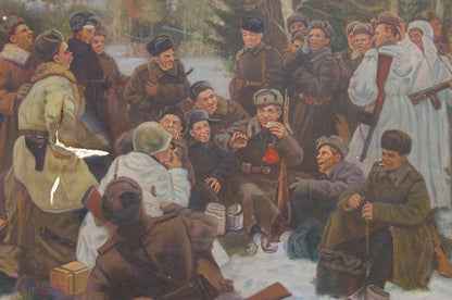 Soldier holding red enamel canteen in snowy rest after battle oil painting