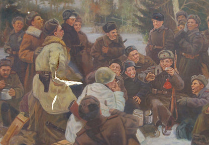 Oil painting of soldiers resting by campfire after battle, unknown artist