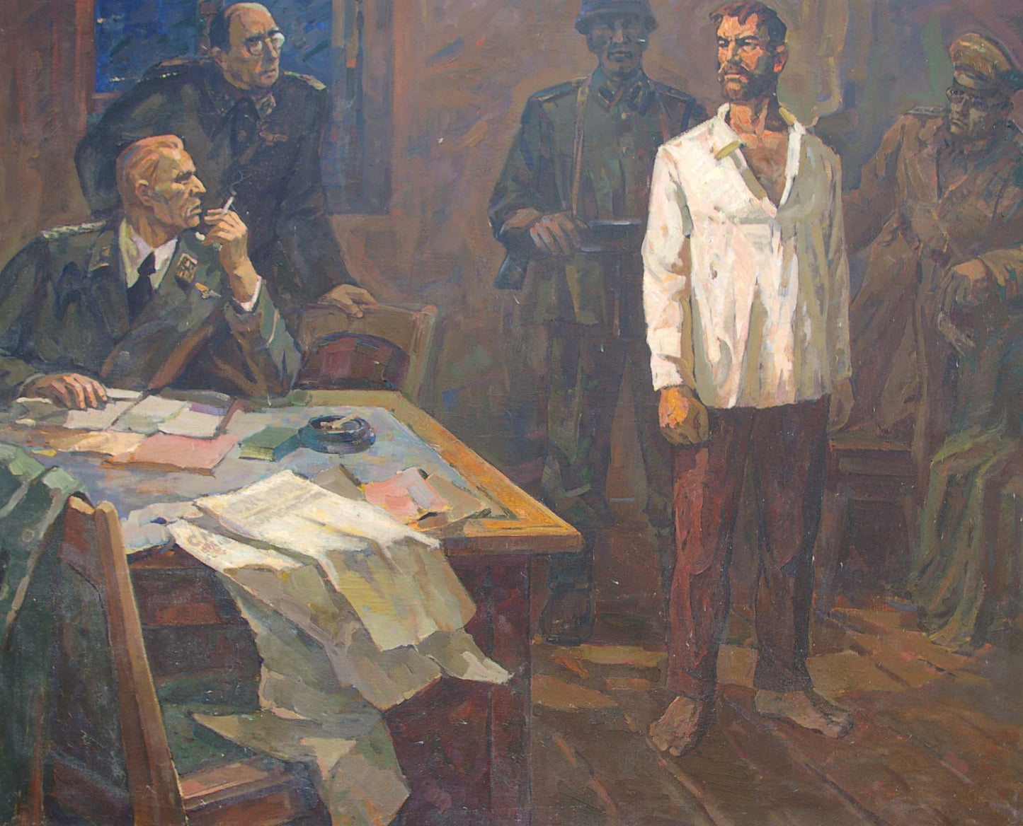 Oil painting by Yusov Fedor Sergeevich: tense barefoot interrogation