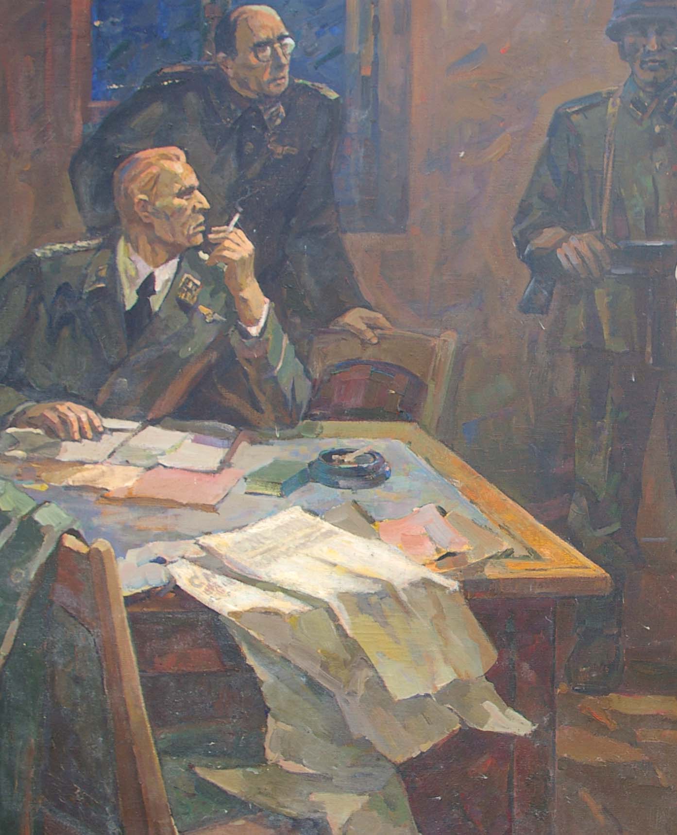 Oil painting by Yusov Fedor Sergeevich: interrogation of communist in dimly lit room