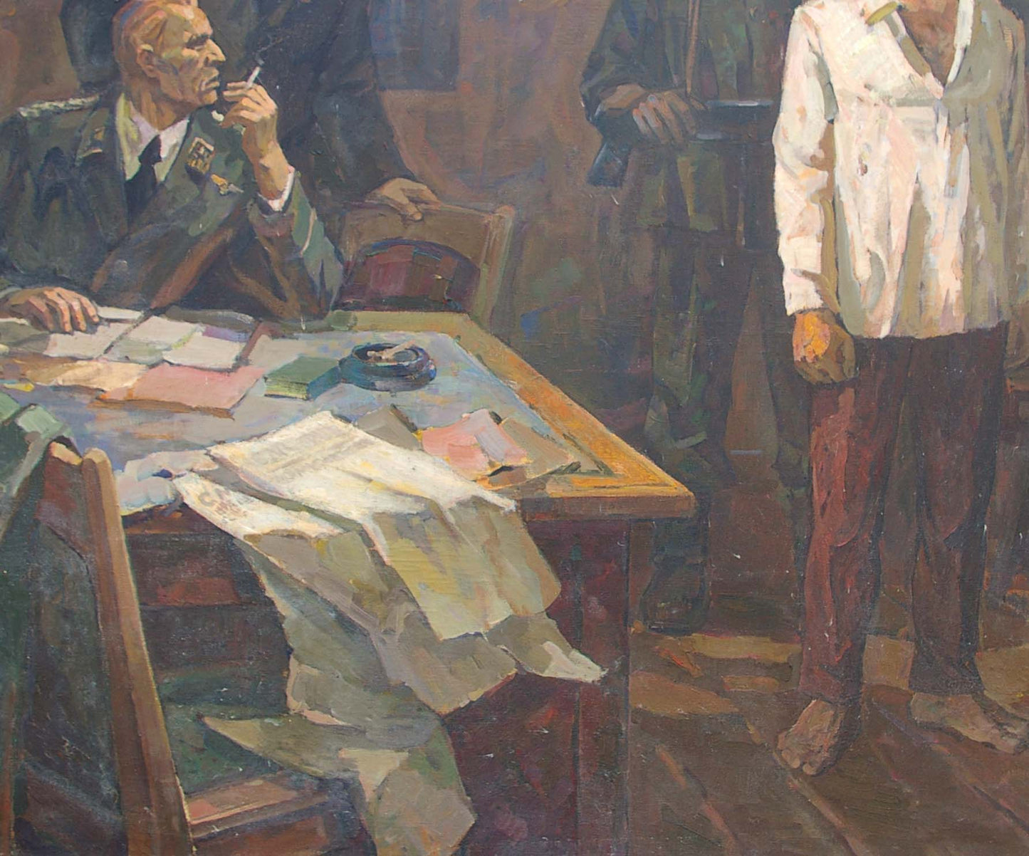 Oil painting of communist officer in dark green uniform with gold insignia