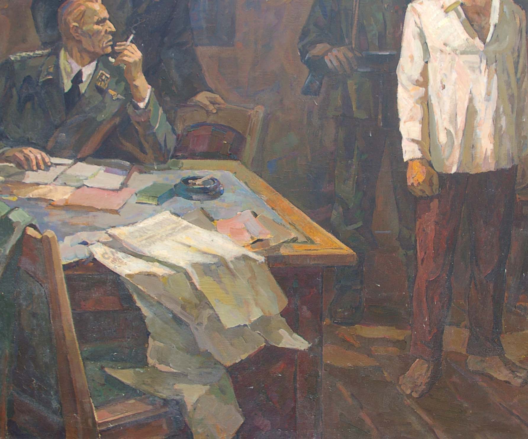 Oil painting of communist officer in dark green uniform with gold insignia