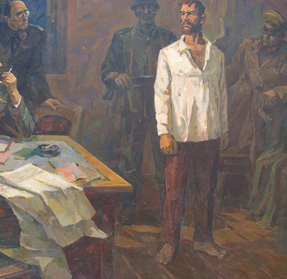 Oil painting of communist interrogation by Yusov Fedor Sergeevich