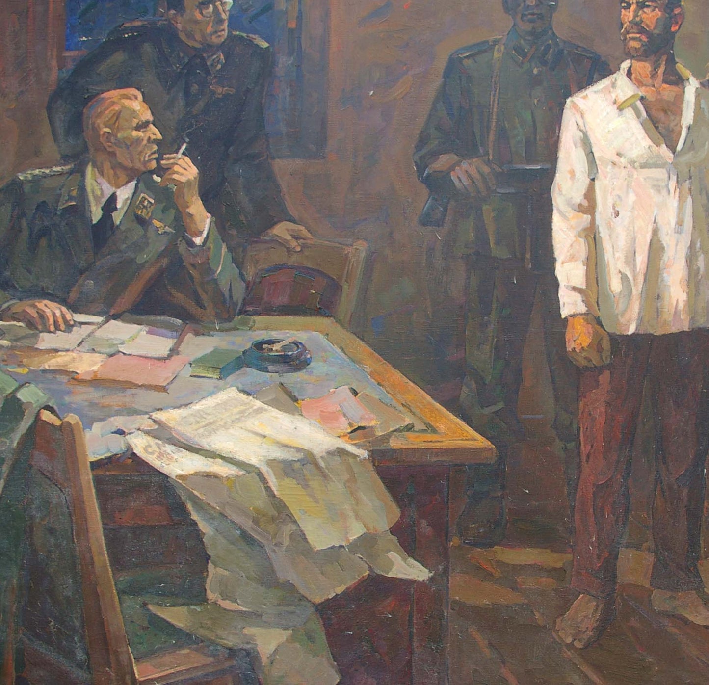 Oil painting by Yusov Fedor Sergeevich: tense communist interrogation scene