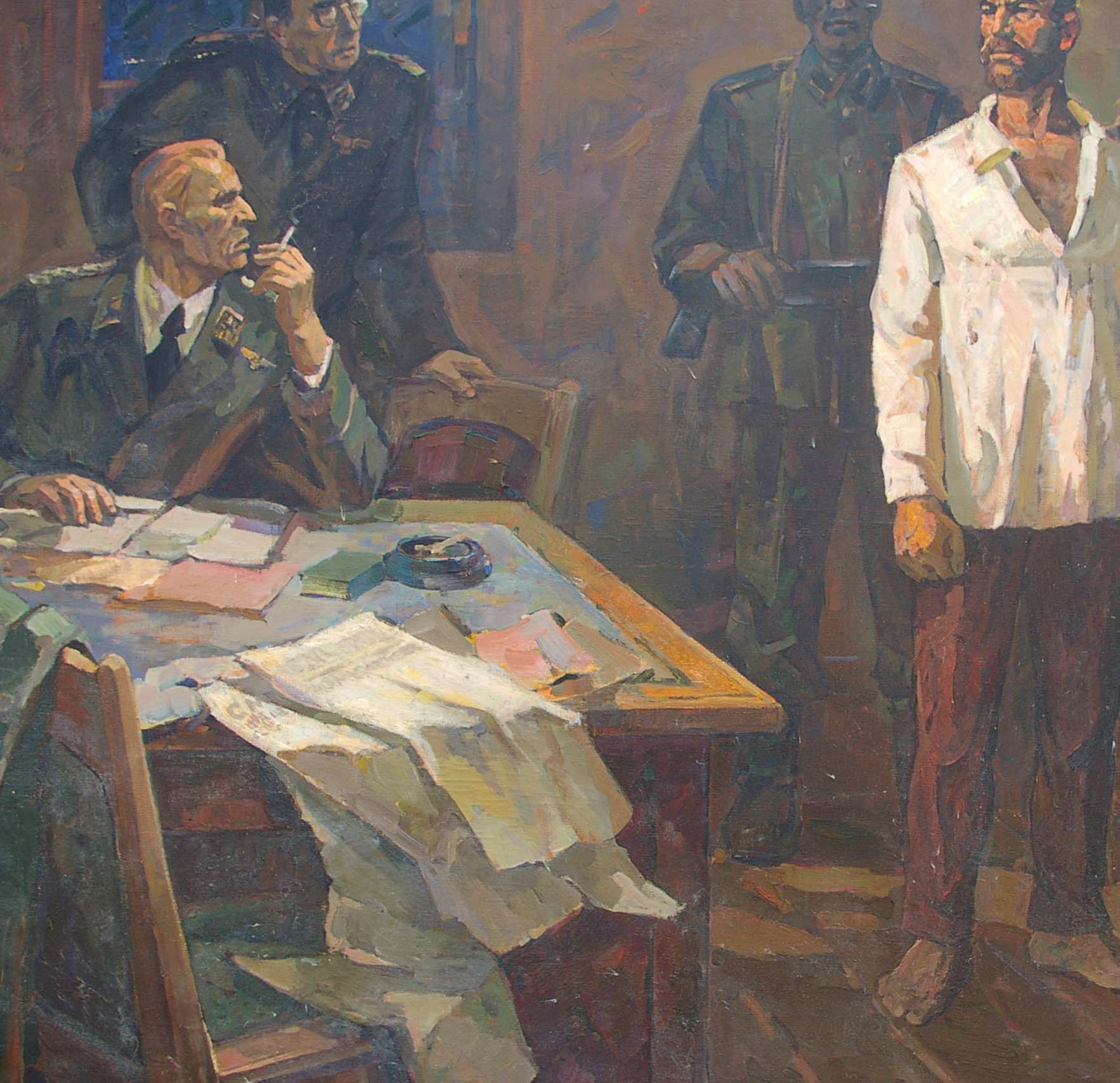 Oil painting by Yusov Fedor Sergeevich: tense communist interrogation scene