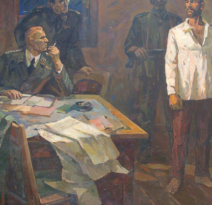 Oil painting by Yusov Fedor Sergeevich: tense communist interrogation scene