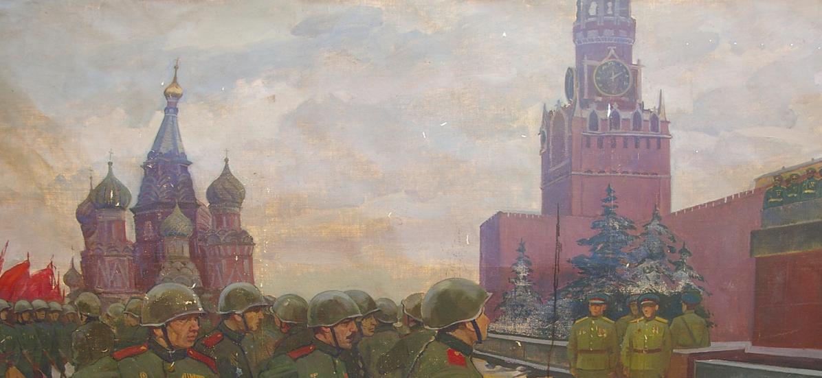 Red-brick Kremlin clock tower with dark green spire and gold accents oil painting